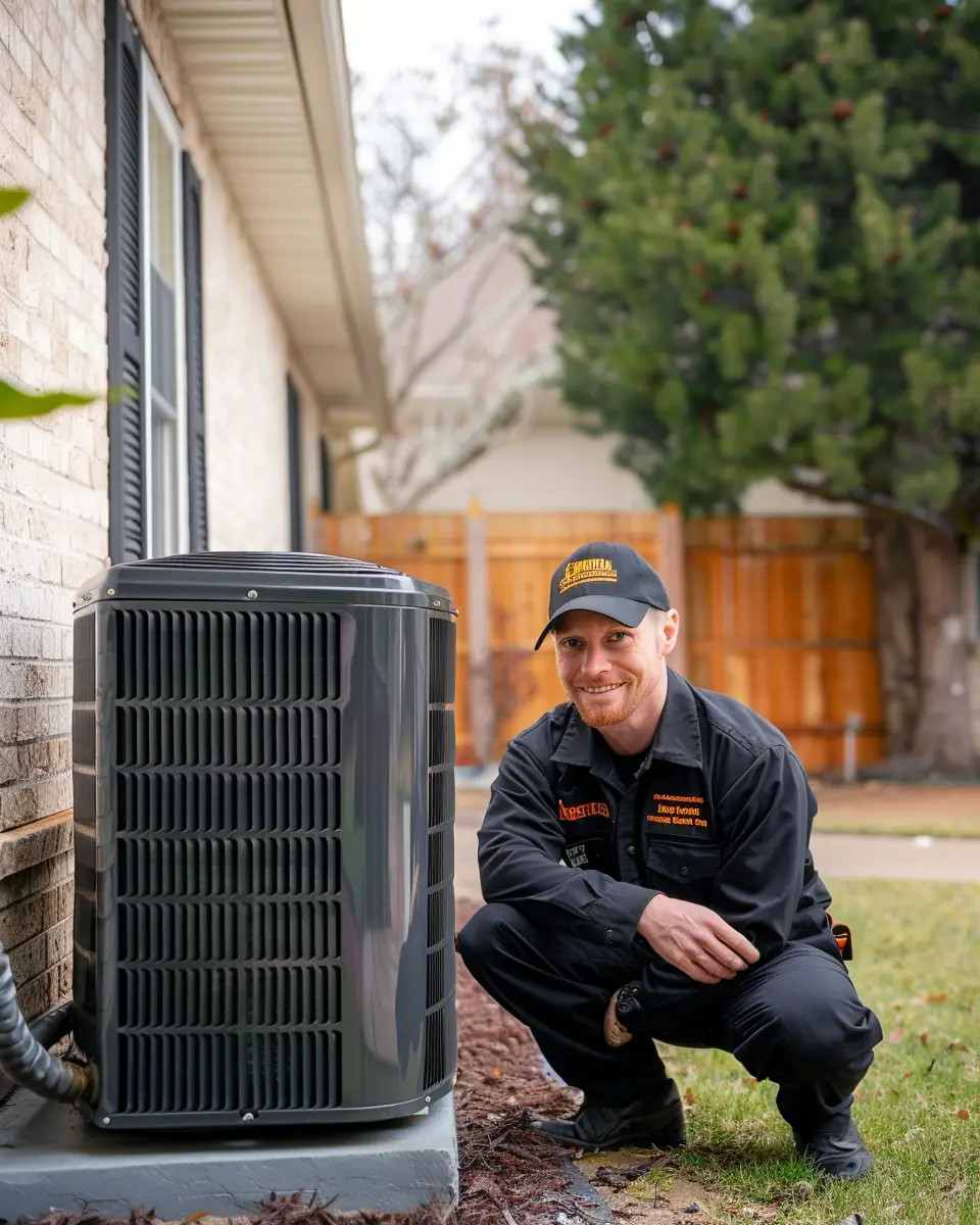 Wärmepumpen-Techniker bei Wartungsarbeiten an moderner Außeneinheit eines Einfamilienhauses